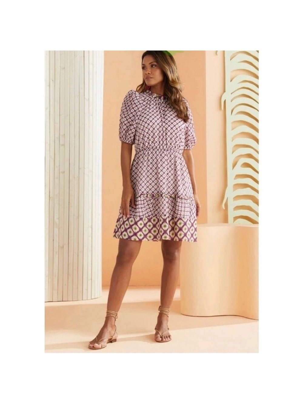 Marie Oliver Bryer Metallic Ikat Print Puff Sleeve Mini Dress Boho Luxe Size XXS